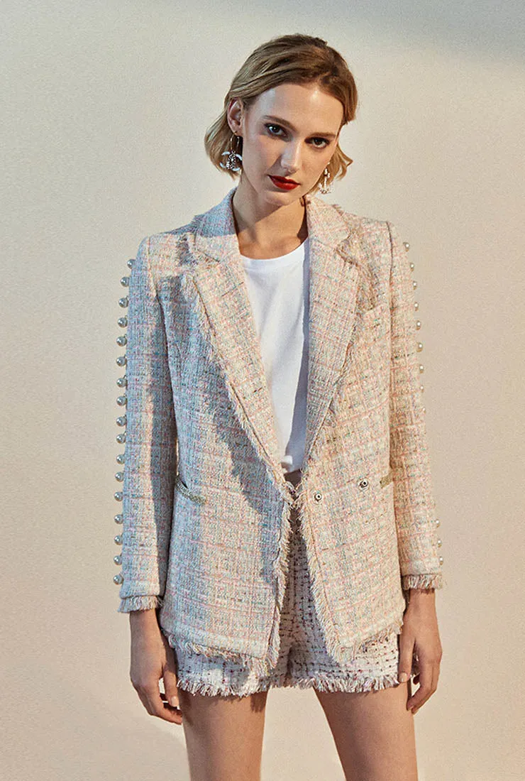 Fringed Pearl Decoration Tweed Blazer