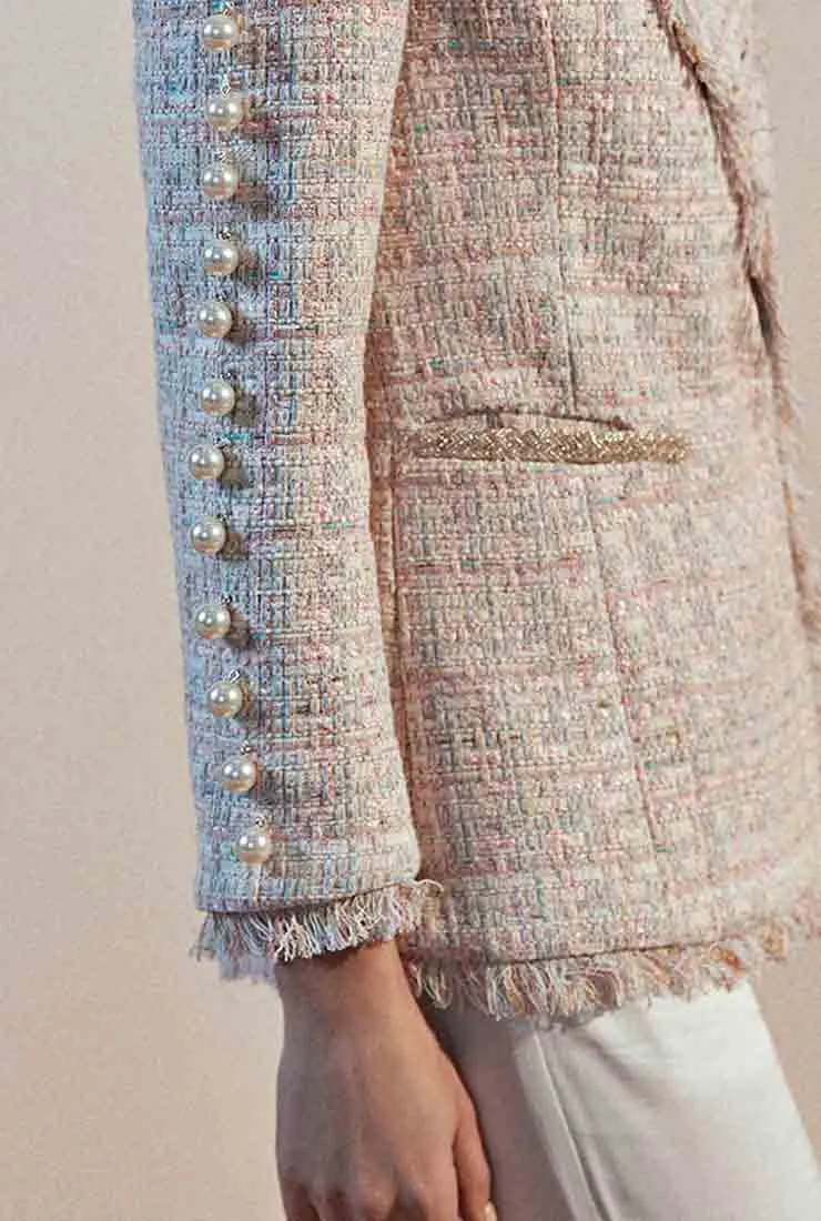 Fringed Pearl Decoration Tweed Blazer