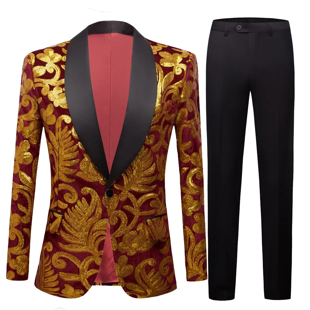 Gold Sequin Glitter Embellished Suit Blazer 2 Set