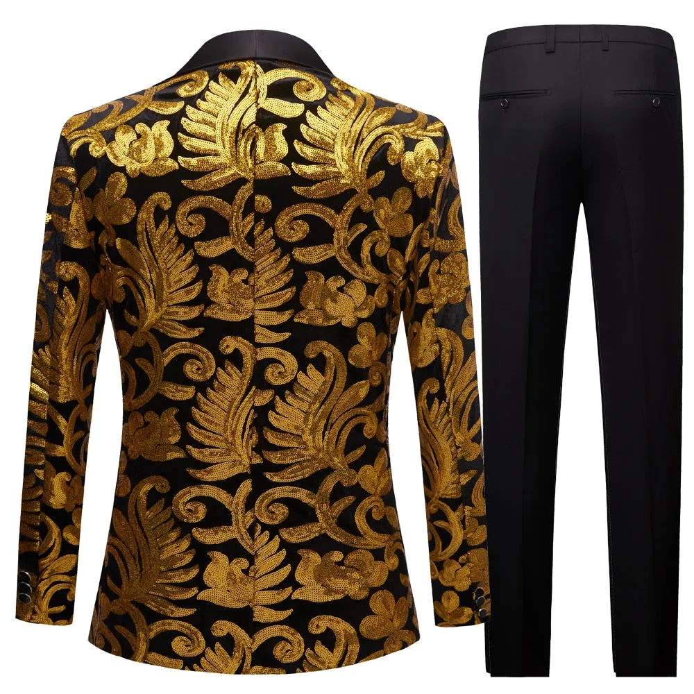 Gold Sequin Glitter Embellished Suit Blazer 2 Set