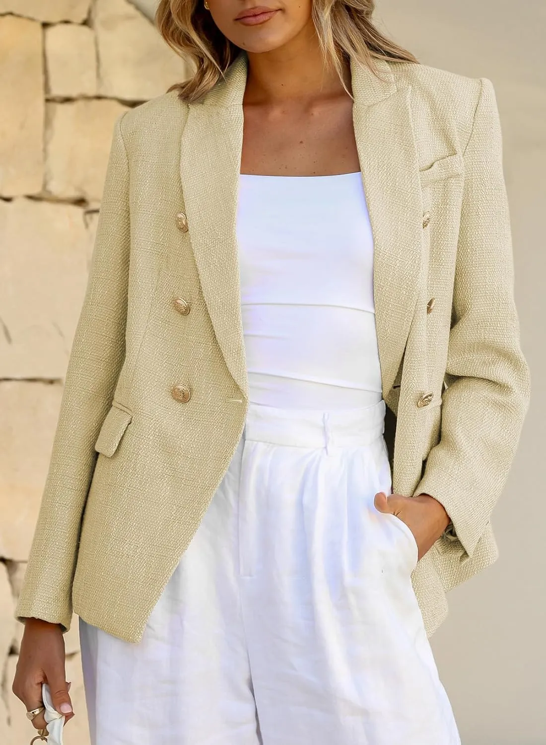 Happy Sailed Womens Tweed Blazers Casual Long Sleeve Double Breasted Open Front Blazer Jackets Work Suits