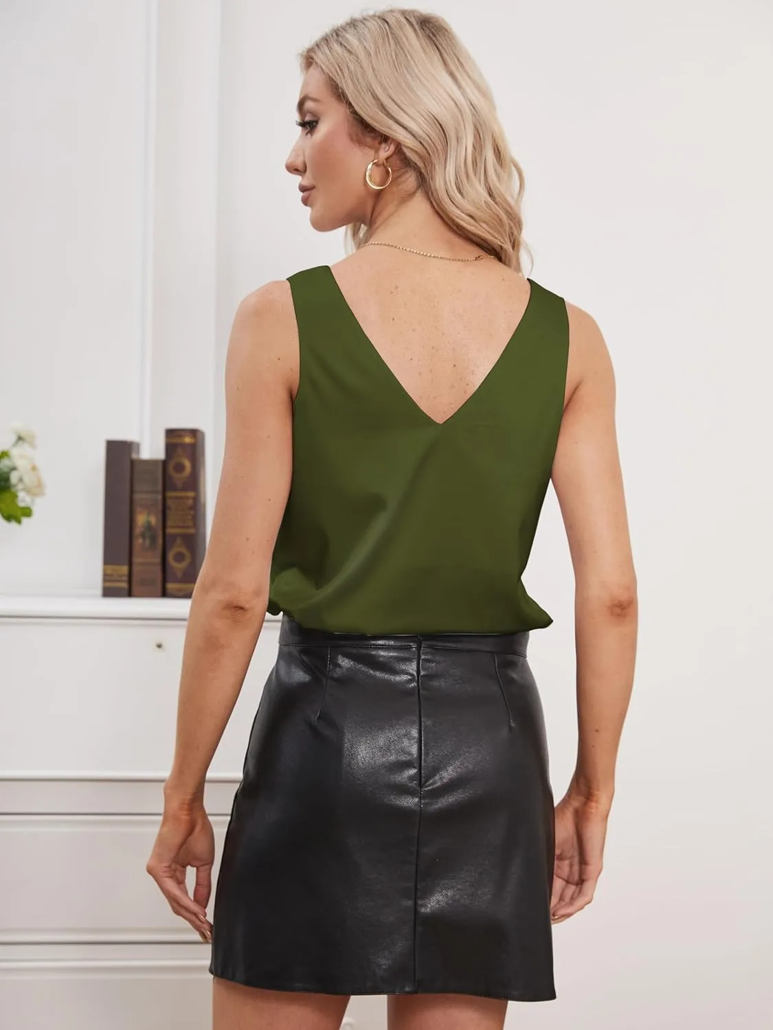 Mawor Satin Tank Tops for Women Loose Fit Sleeveless V Neck Cami Camisole Blouses Shirt Top