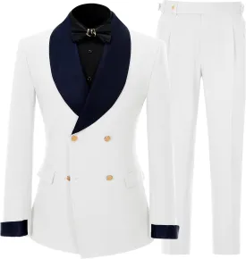 Mens Tuxedo Suits Slim Fit Double Breasted Wedding Suit for Men 2 Piece Navy Shawl Lapel Men's Formal Jacket Pants Set