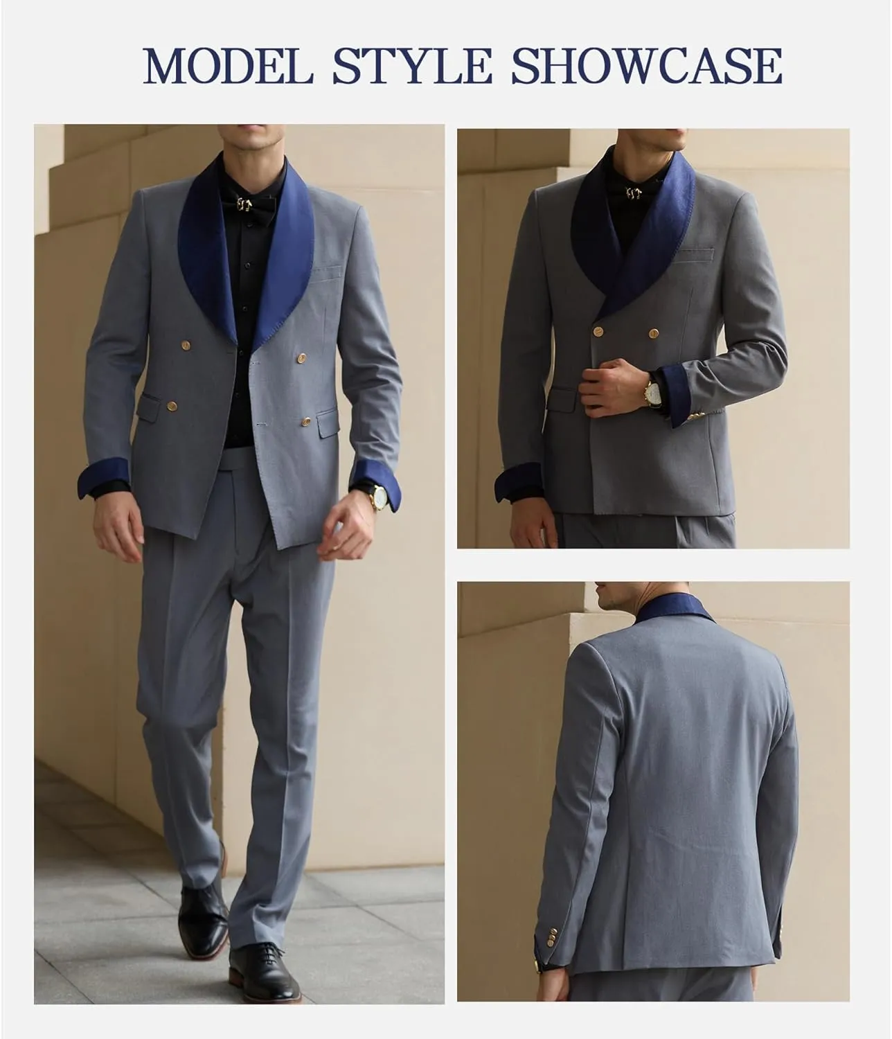 Mens Tuxedo Suits Slim Fit Double Breasted Wedding Suit for Men 2 Piece Navy Shawl Lapel Men's Formal Jacket Pants Set