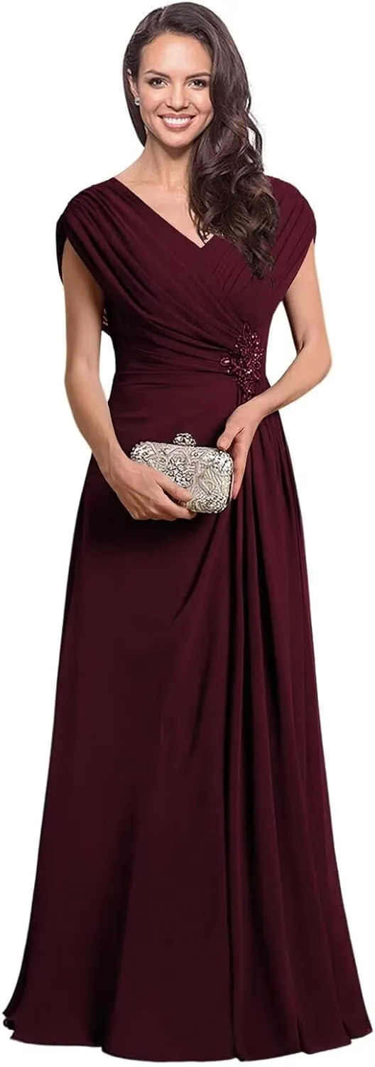 Miao Duo Women's Cap Sleeves Mother of The Bride Dress 2025 Chiffon Long Ruched A Line Formal Dresses YZTS122