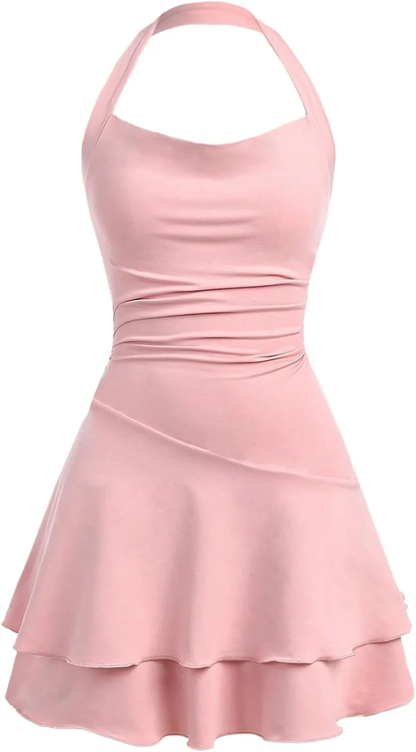 Milumia Girl's Summer Backless Halter Short Dress Sleeveless Tiered Layered Mini Dresses