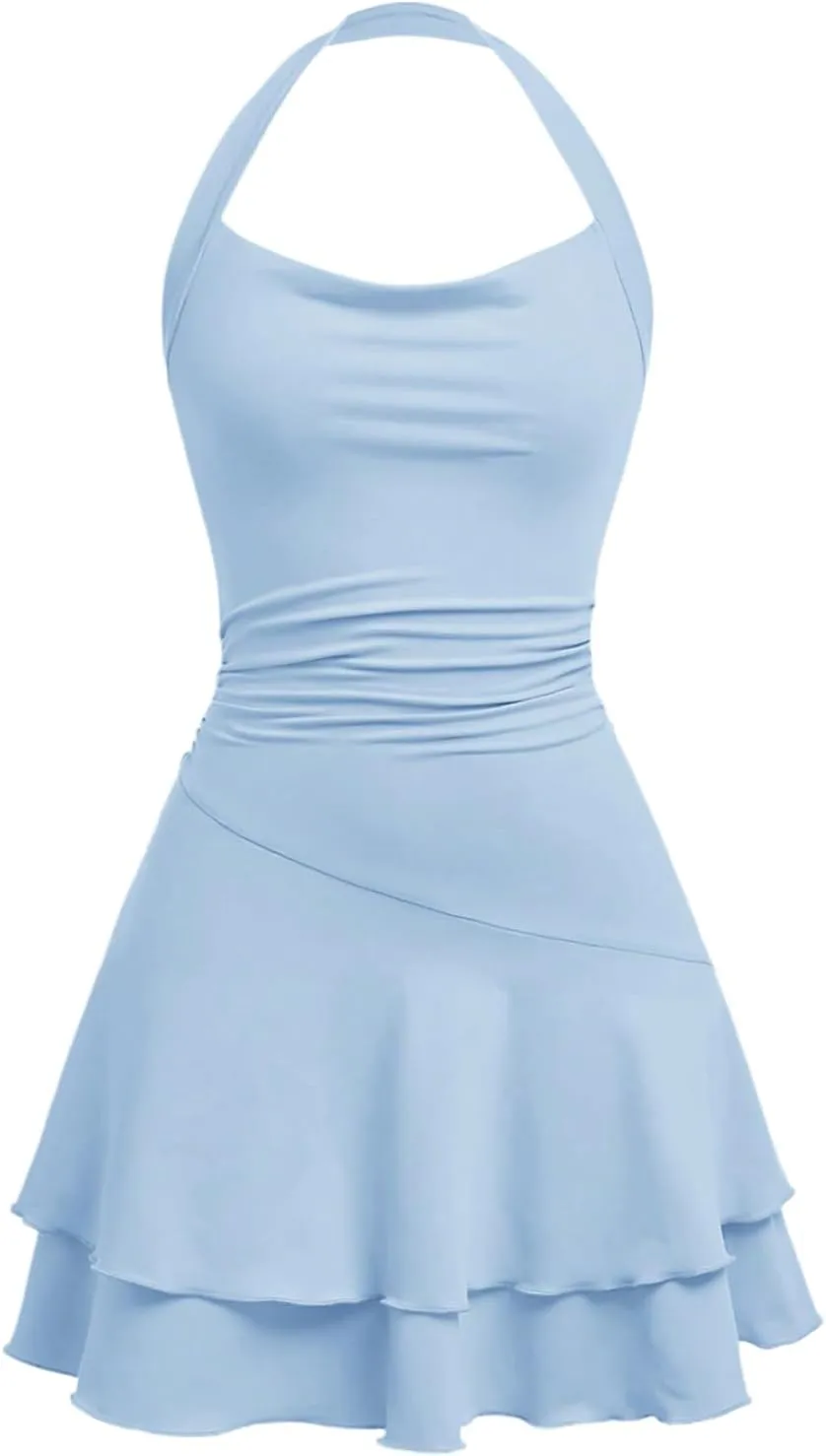 Milumia Girl's Summer Backless Halter Short Dress Sleeveless Tiered Layered Mini Dresses