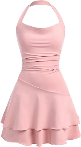 Milumia Girl's Summer Backless Halter Short Dress Sleeveless Tiered Layered Mini Dresses