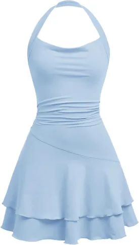 Milumia Girl's Summer Backless Halter Short Dress Sleeveless Tiered Layered Mini Dresses