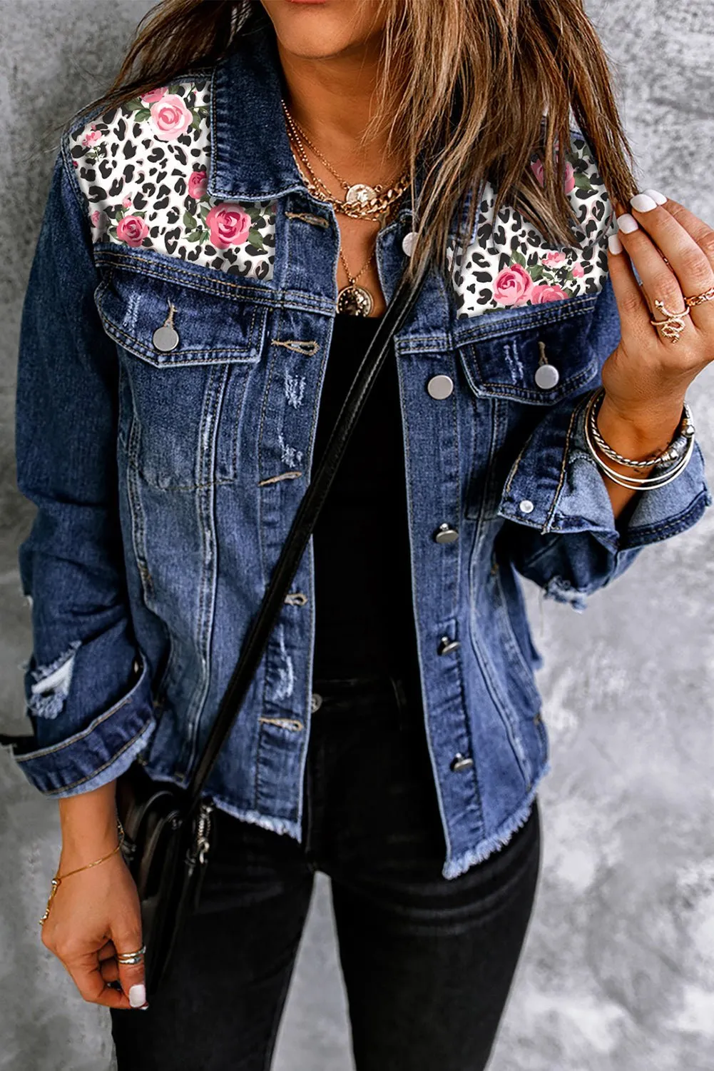 Mixed Print Distressed Button Front Denim Jacket- A Fashionable Statement Piece