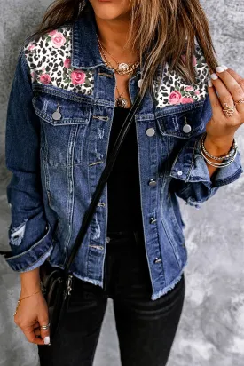 Mixed Print Distressed Button Front Denim Jacket- A Fashionable Statement Piece