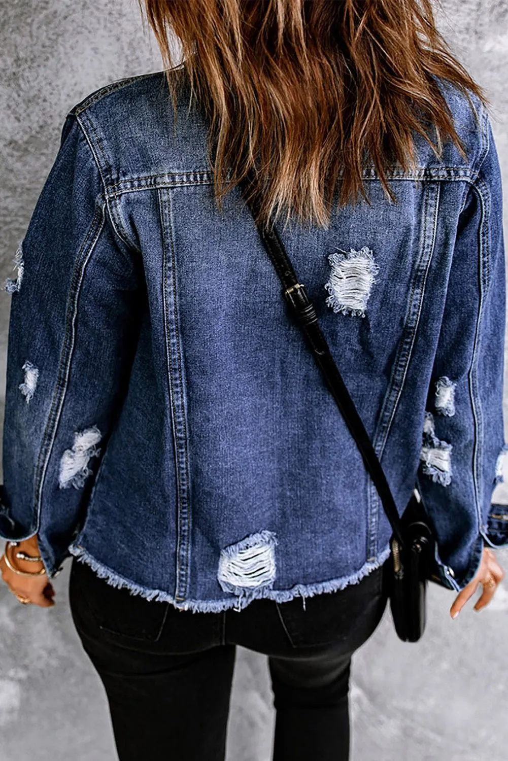 Mixed Print Distressed Button Front Denim Jacket- A Fashionable Statement Piece