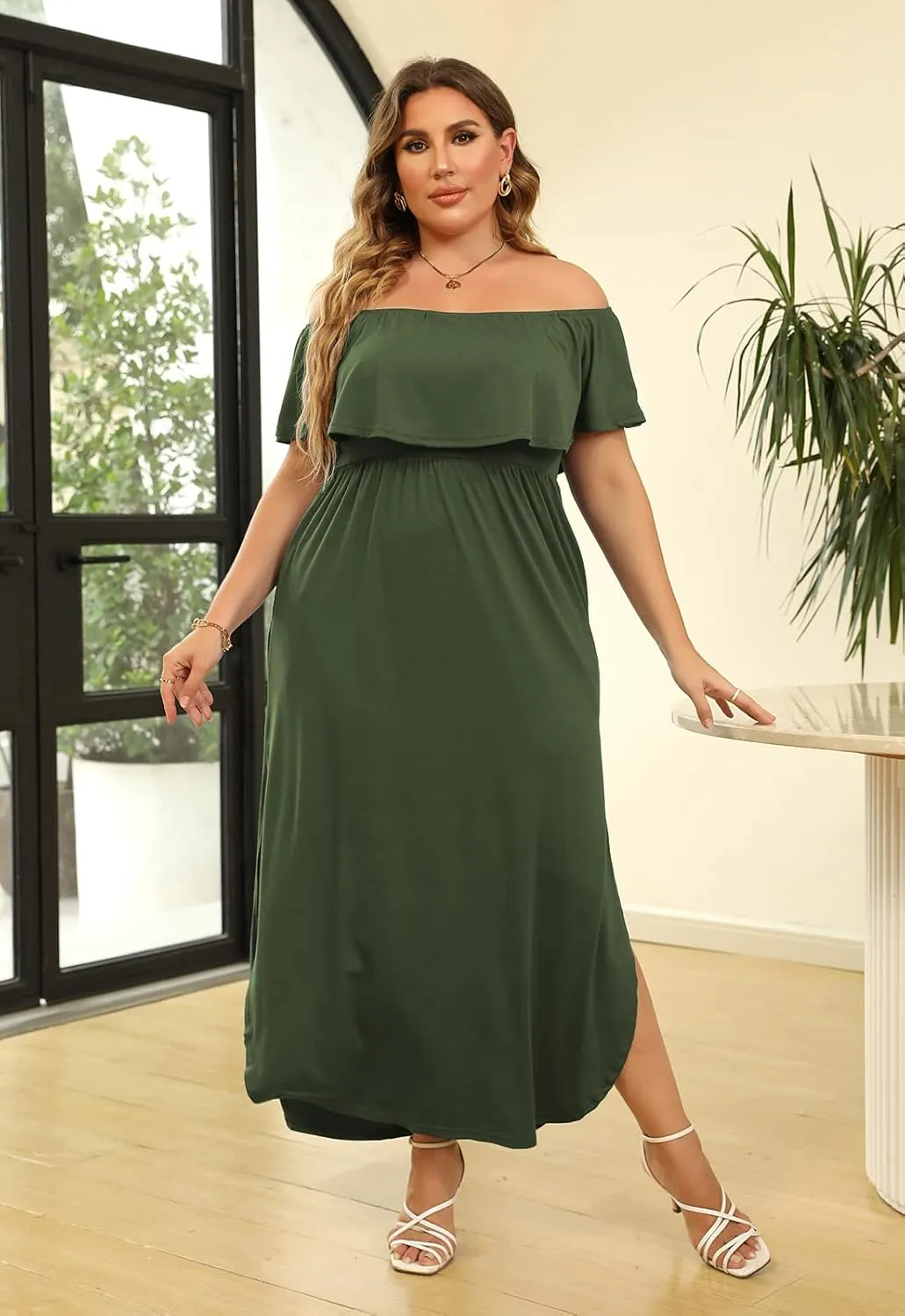 Nemidor Women's Upper Flounce Layer Off Shoulder Plus Size Slit Maxi Dress NEM200