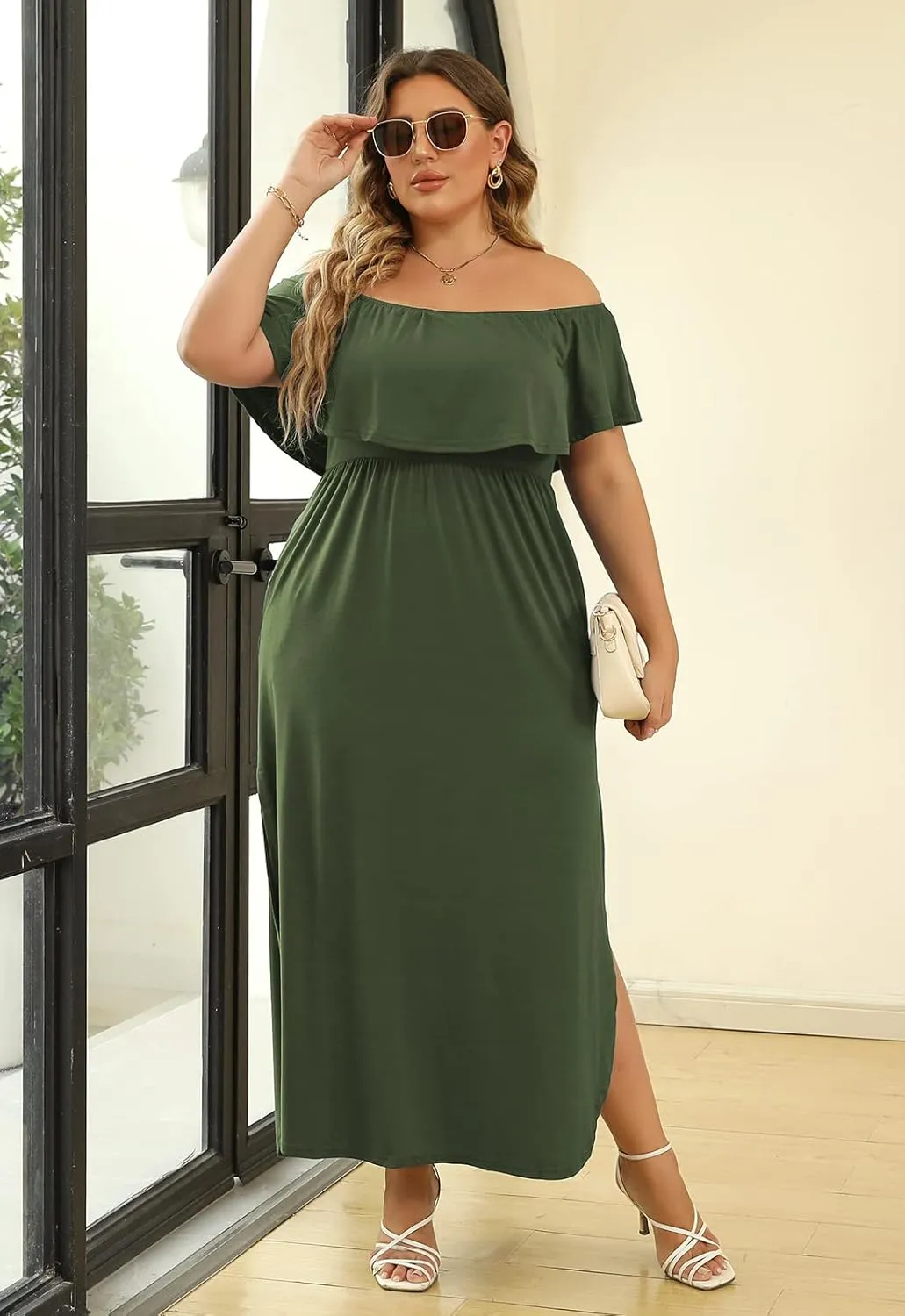 Nemidor Women's Upper Flounce Layer Off Shoulder Plus Size Slit Maxi Dress NEM200