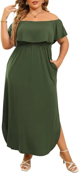 Nemidor Women's Upper Flounce Layer Off Shoulder Plus Size Slit Maxi Dress NEM200