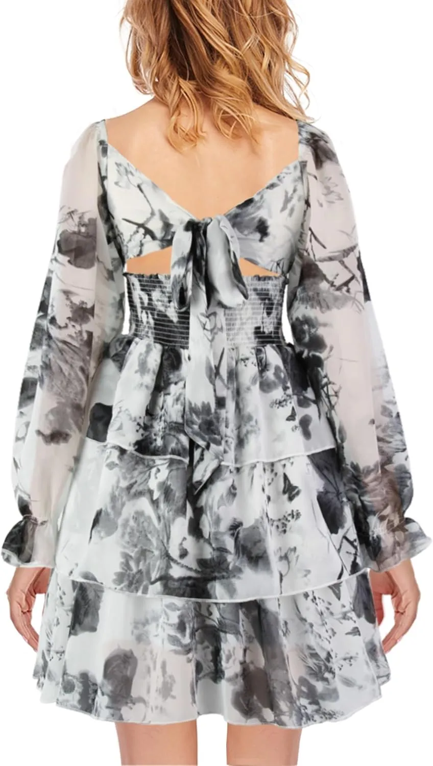 OBBUE Women's Summer Dress Tie Back Square Neck Aline Long Sleeve Layered Swing Mini Dresses