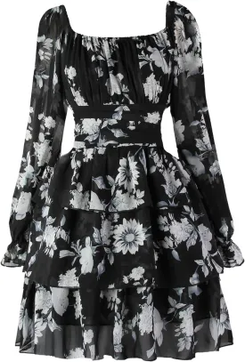 OBBUE Women's Summer Dress Tie Back Square Neck Aline Long Sleeve Layered Swing Mini Dresses