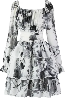 OBBUE Women's Summer Dress Tie Back Square Neck Aline Long Sleeve Layered Swing Mini Dresses