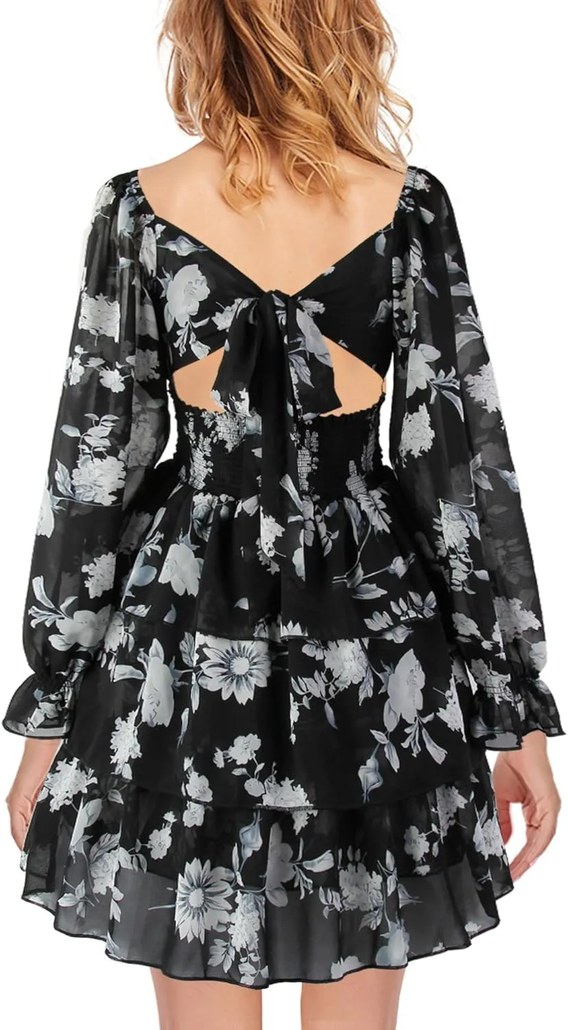 OBBUE Women's Summer Dress Tie Back Square Neck Aline Long Sleeve Layered Swing Mini Dresses