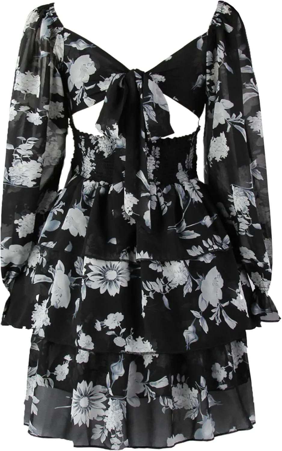OBBUE Women's Summer Dress Tie Back Square Neck Aline Long Sleeve Layered Swing Mini Dresses