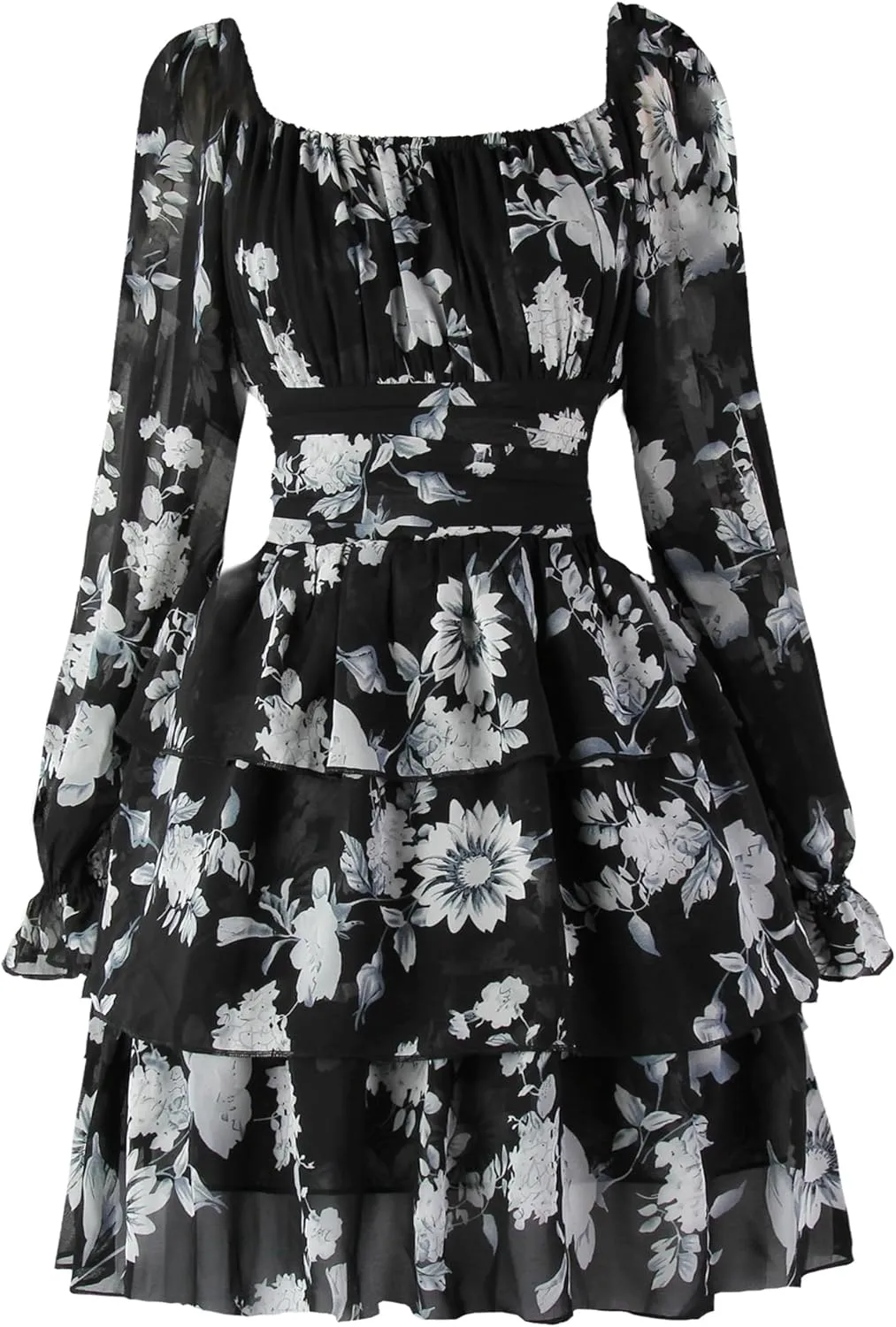 OBBUE Women's Summer Dress Tie Back Square Neck Aline Long Sleeve Layered Swing Mini Dresses