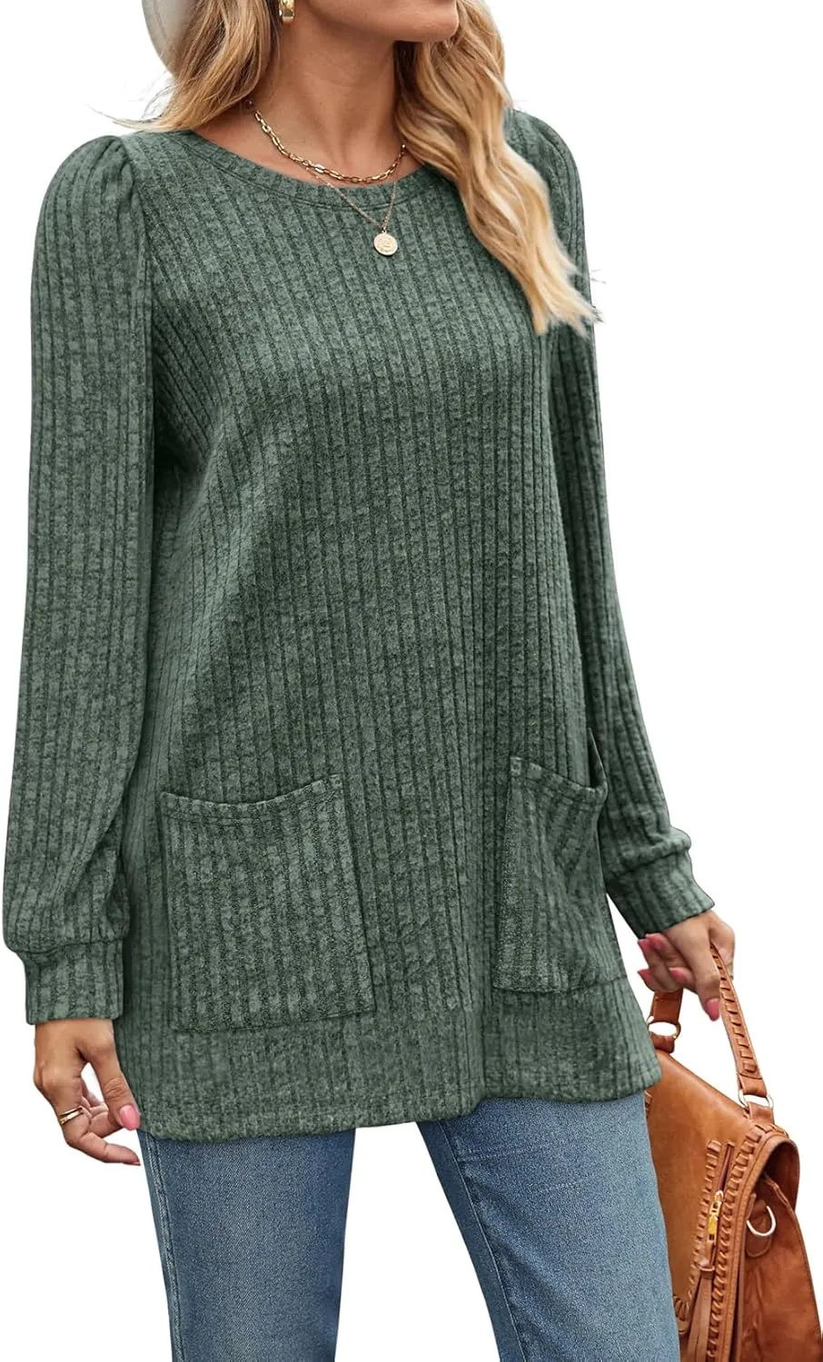 OFEEFAN Long Sleeve Shirts for Women Long Sweaters with Pockets Tunic Tops Loose Fit