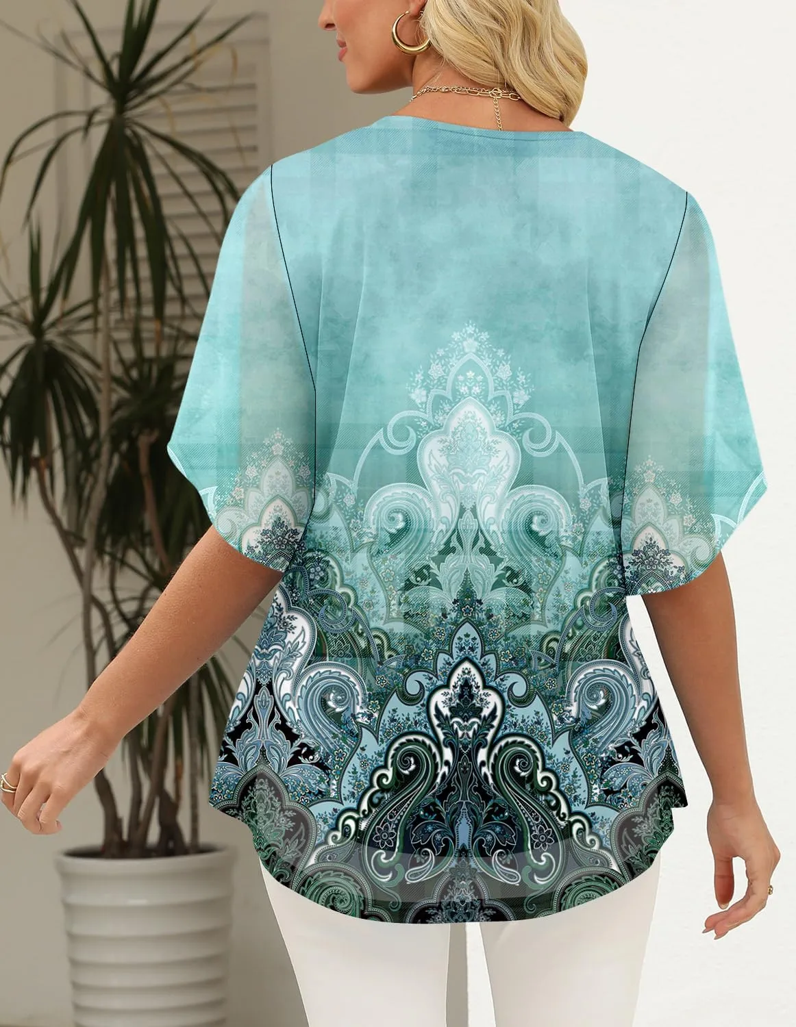 onlypuff Womens Double Layered Tunic Tops Half Sleeve Floral Double Layered Sheer Flowy Blouse Round/V Neck Casual Shirts