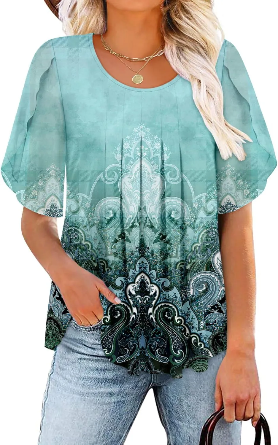 onlypuff Womens Double Layered Tunic Tops Half Sleeve Floral Double Layered Sheer Flowy Blouse Round/V Neck Casual Shirts