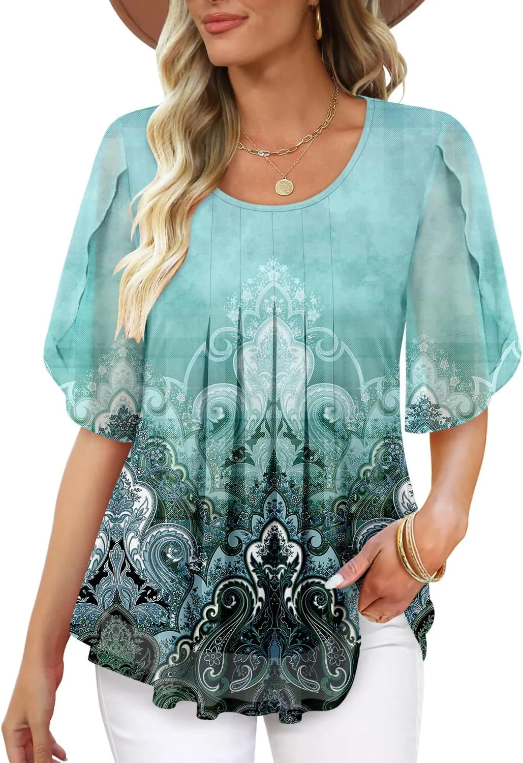 onlypuff Womens Double Layered Tunic Tops Half Sleeve Floral Double Layered Sheer Flowy Blouse Round/V Neck Casual Shirts