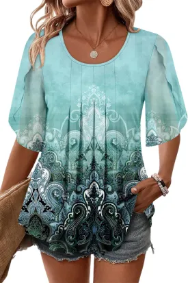 onlypuff Womens Double Layered Tunic Tops Half Sleeve Floral Double Layered Sheer Flowy Blouse Round/V Neck Casual Shirts