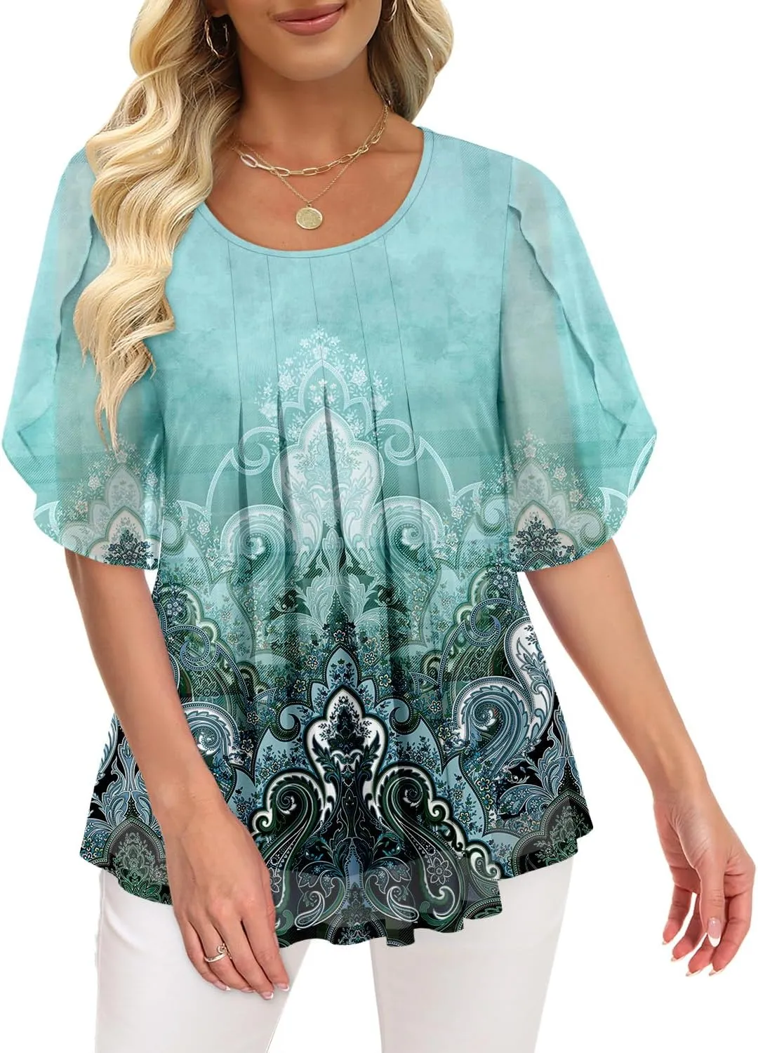 onlypuff Womens Double Layered Tunic Tops Half Sleeve Floral Double Layered Sheer Flowy Blouse Round/V Neck Casual Shirts
