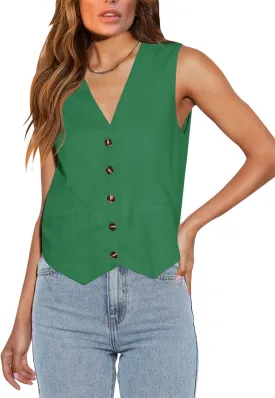 Orchidays Women's Business Button Up V Neck Vest Casual Fully Lined Sleeveless Jacket Waistcoat with Pocket