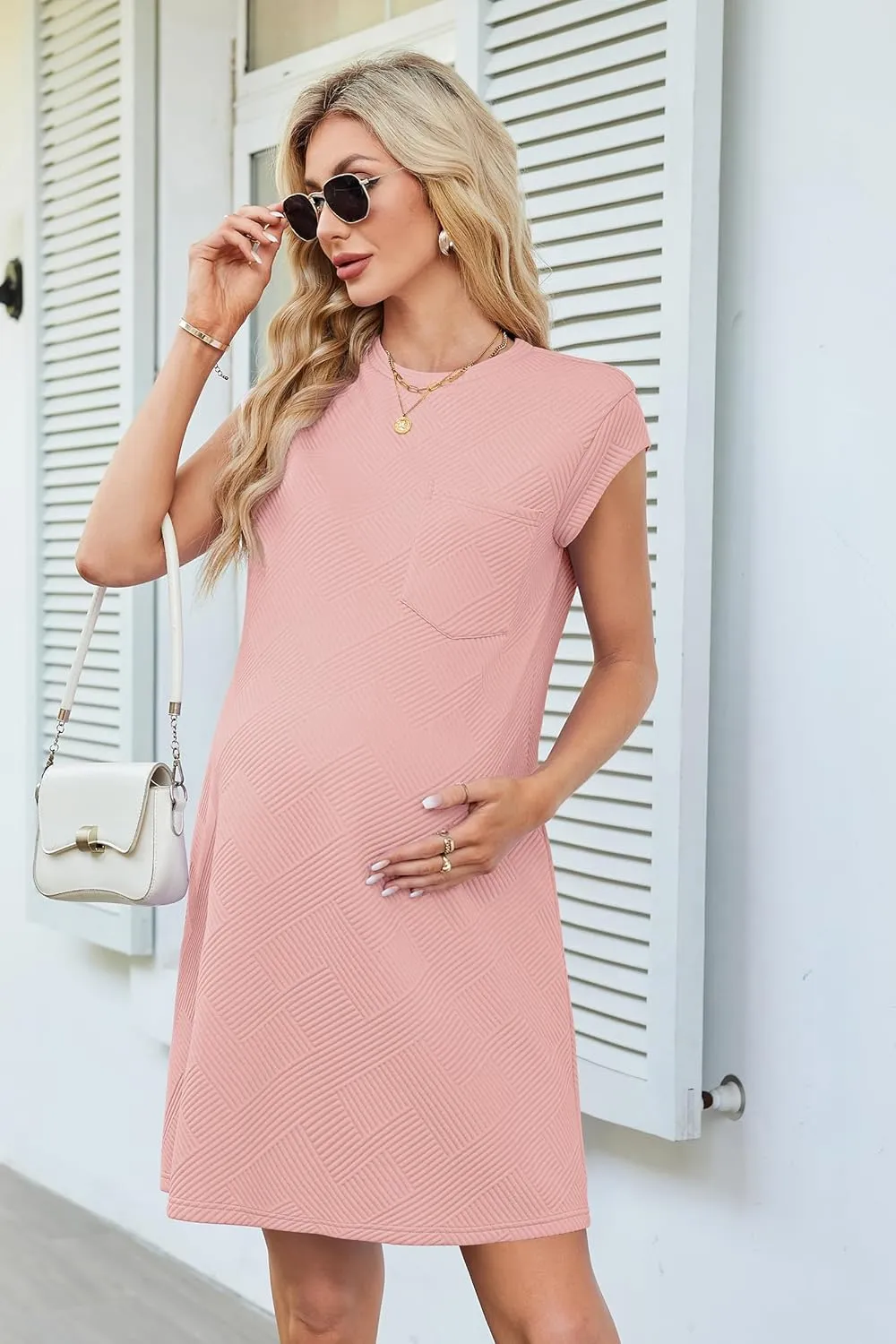 OUGES Women's 2025 Summer Mini Maternity Dress Cap Sleeve Casual Loose Basic T Shirt Dresses with Pockets