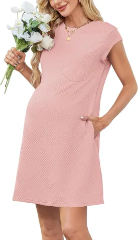 OUGES Women's 2025 Summer Mini Maternity Dress Cap Sleeve Casual Loose Basic T Shirt Dresses with Pockets