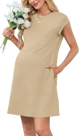 OUGES Women's 2025 Summer Mini Maternity Dress Cap Sleeve Casual Loose Basic T Shirt Dresses with Pockets