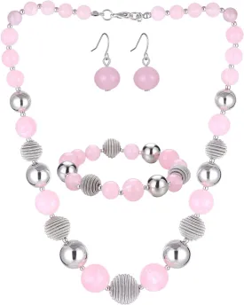 PEARL&CLUB Beaded Chunky Statement Necklace Earring and Bracelet Set Silver Metal Bead Fashion Jewelry Set Mothers Day Gifts for Women