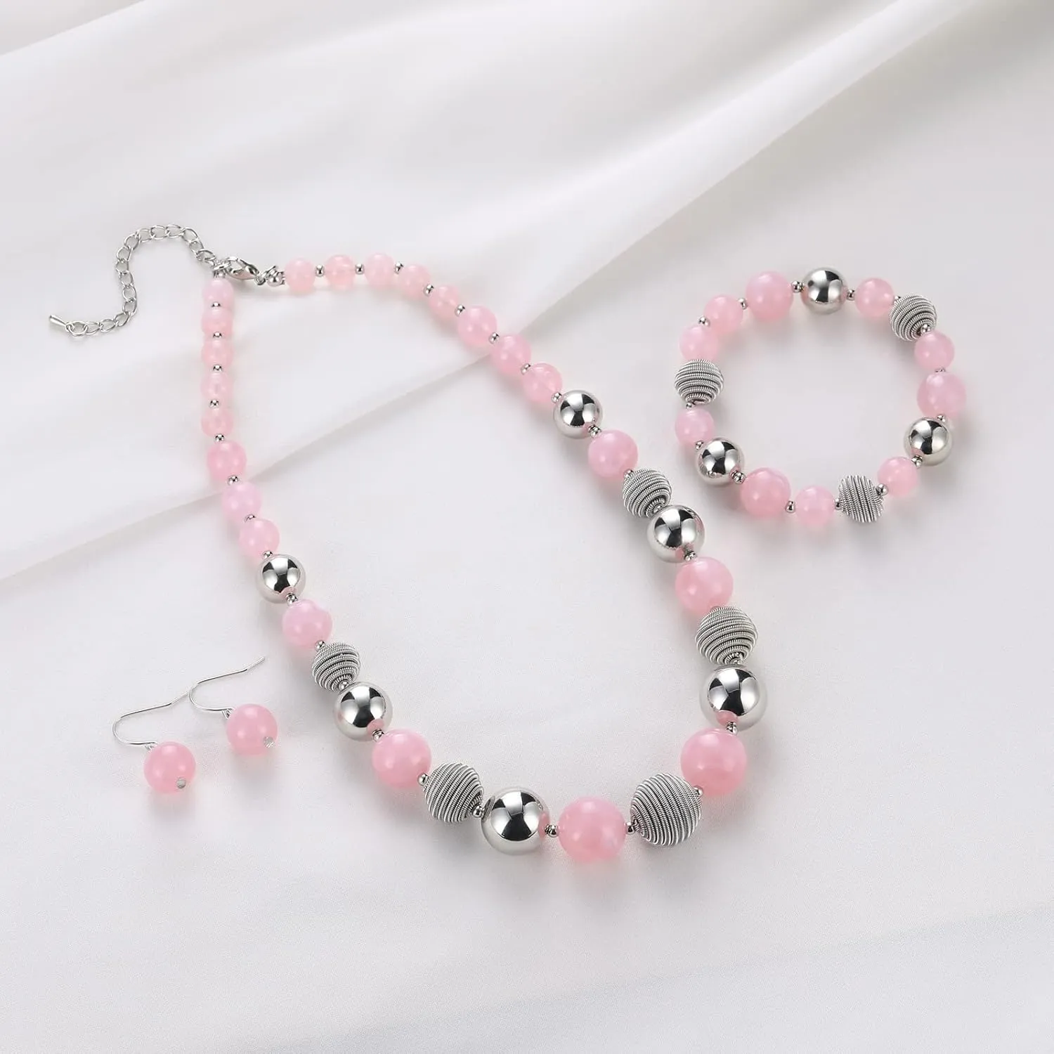 PEARL&CLUB Beaded Chunky Statement Necklace Earring and Bracelet Set Silver Metal Bead Fashion Jewelry Set Mothers Day Gifts for Women