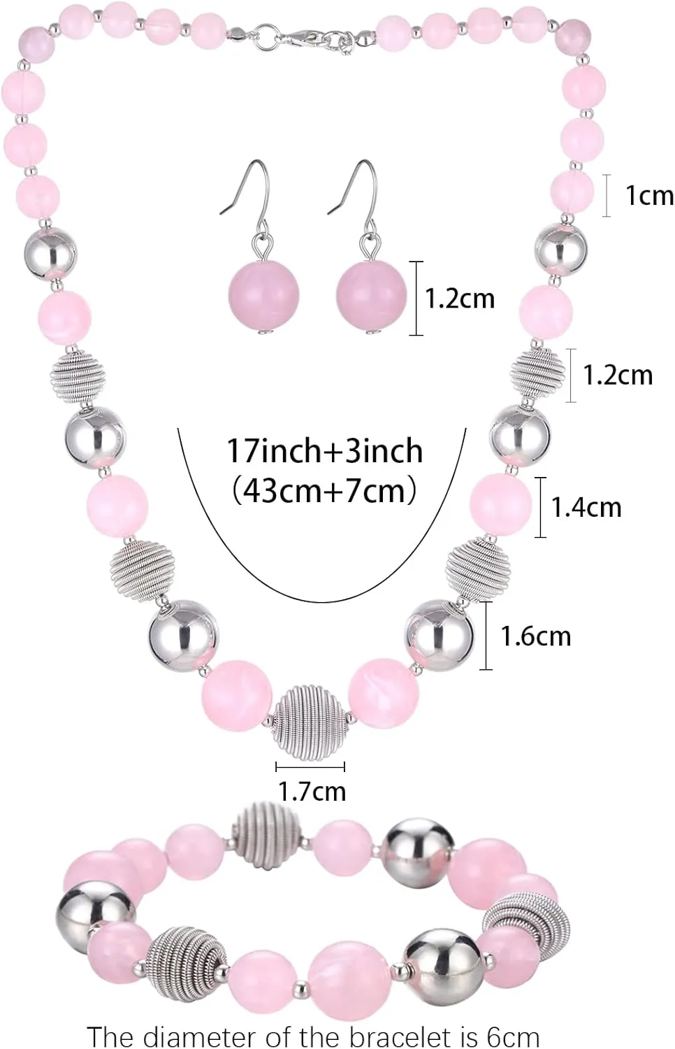 PEARL&CLUB Beaded Chunky Statement Necklace Earring and Bracelet Set Silver Metal Bead Fashion Jewelry Set Mothers Day Gifts for Women