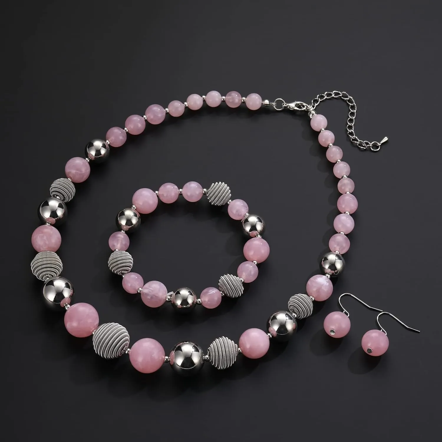 PEARL&CLUB Beaded Chunky Statement Necklace Earring and Bracelet Set Silver Metal Bead Fashion Jewelry Set Mothers Day Gifts for Women