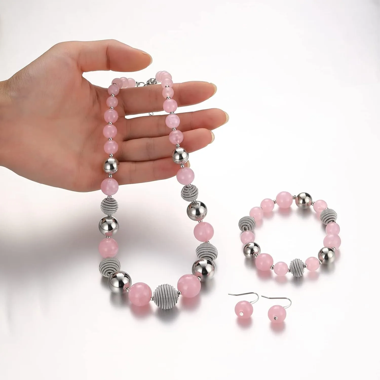 PEARL&CLUB Beaded Chunky Statement Necklace Earring and Bracelet Set Silver Metal Bead Fashion Jewelry Set Mothers Day Gifts for Women