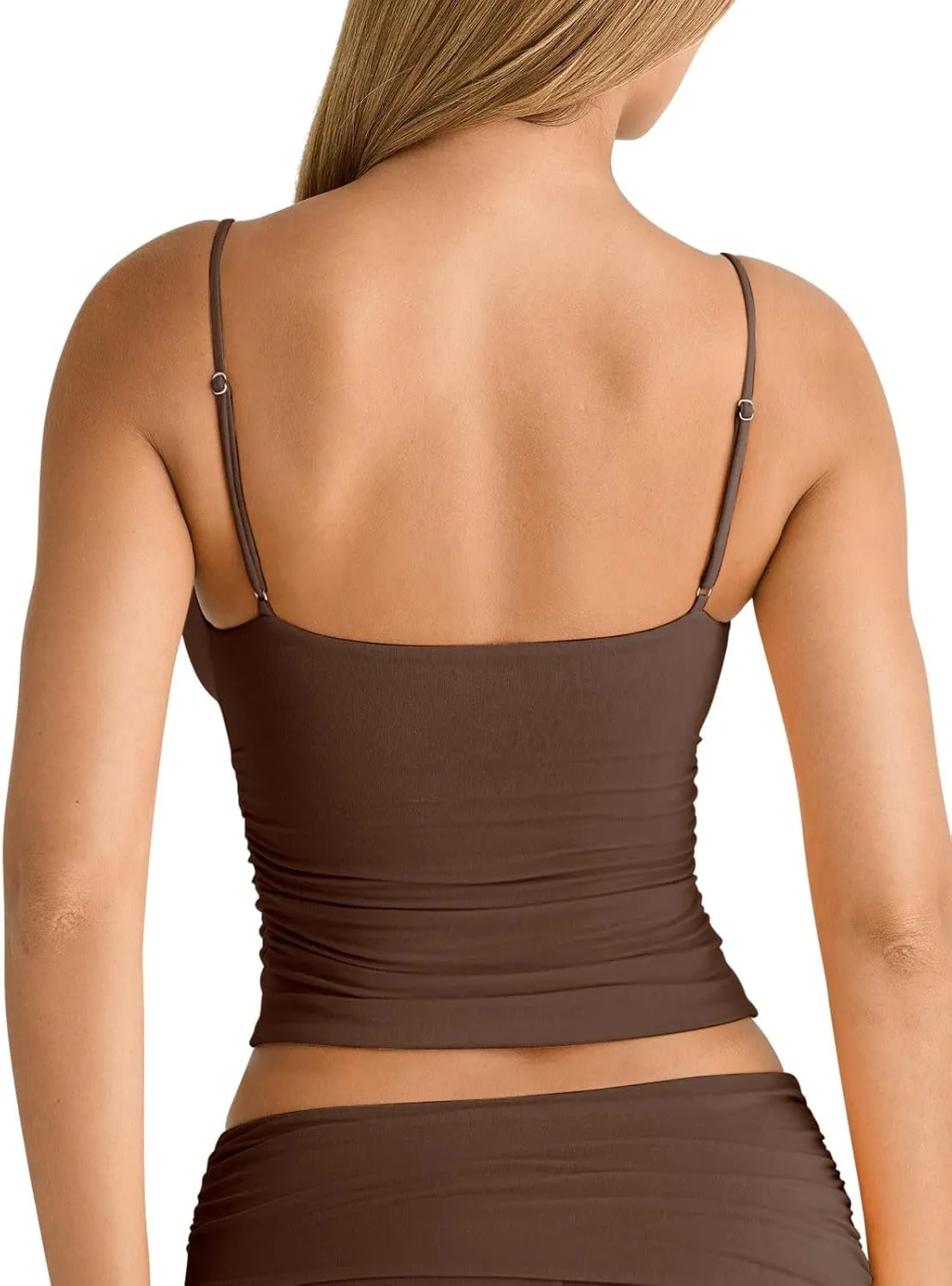 PINKMSTYLE Women's Sexy V Neck Ruched Cami Top Sleeveless Spaghetti Double Layer Fitted Crop Tank Tops