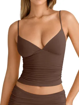 PINKMSTYLE Women's Sexy V Neck Ruched Cami Top Sleeveless Spaghetti Double Layer Fitted Crop Tank Tops