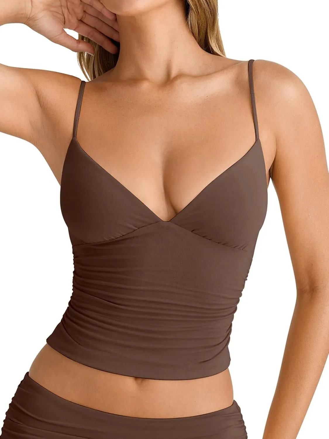 PINKMSTYLE Women's Sexy V Neck Ruched Cami Top Sleeveless Spaghetti Double Layer Fitted Crop Tank Tops