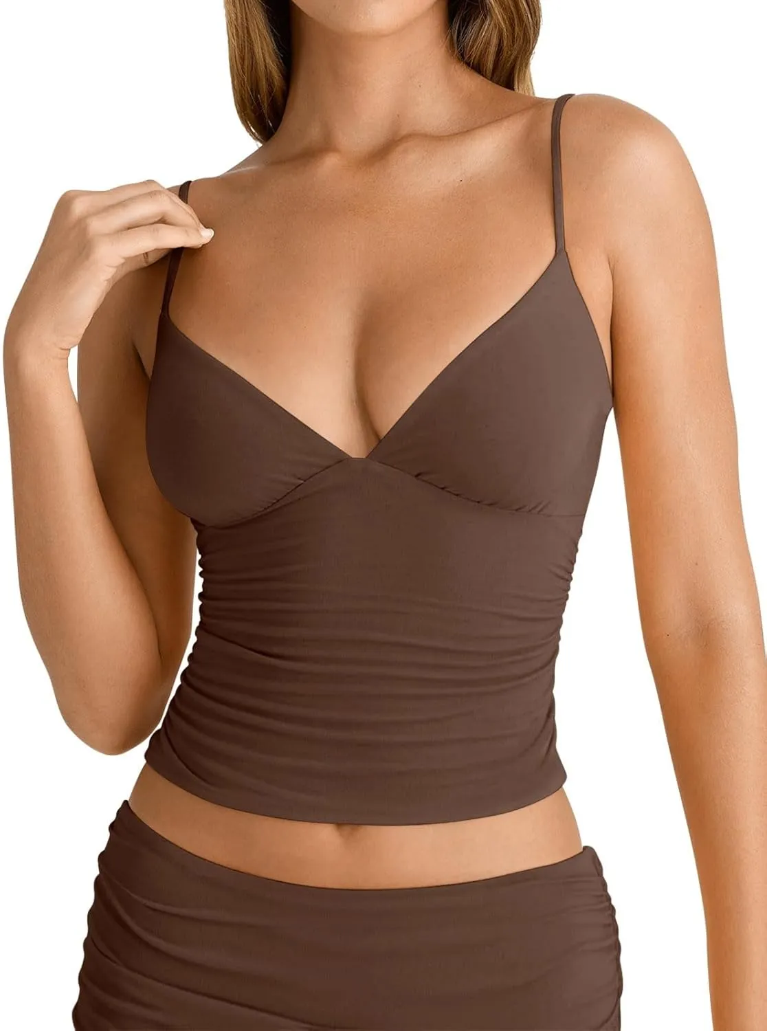 PINKMSTYLE Women's Sexy V Neck Ruched Cami Top Sleeveless Spaghetti Double Layer Fitted Crop Tank Tops