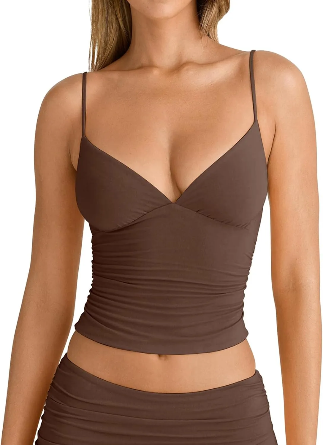 PINKMSTYLE Women's Sexy V Neck Ruched Cami Top Sleeveless Spaghetti Double Layer Fitted Crop Tank Tops