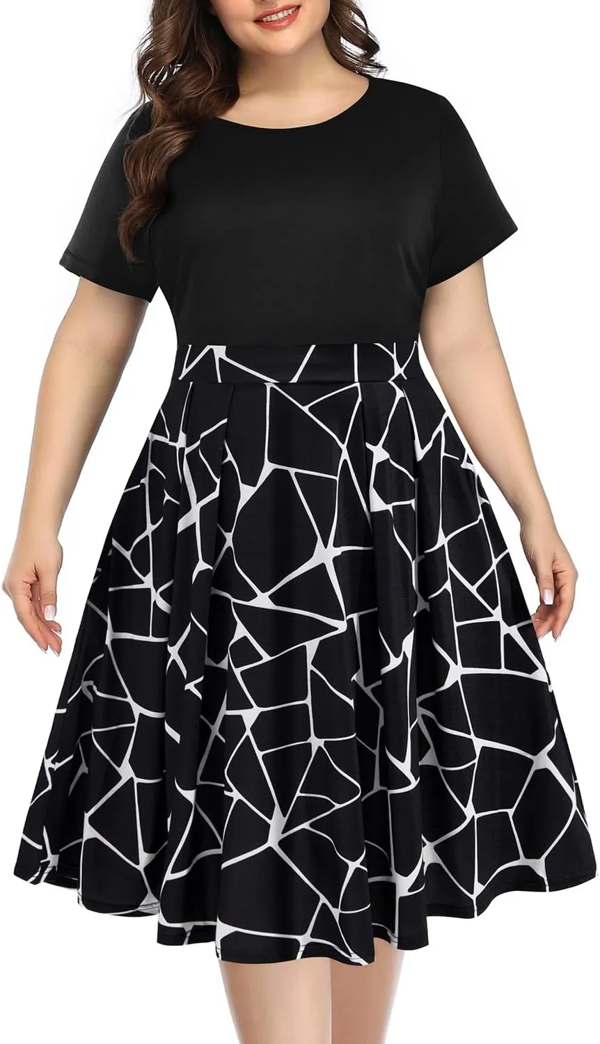 Pinup Fashion Plus Size Work Dress-Church Business Casual Short Sleeve A-Line Dress with Pockets