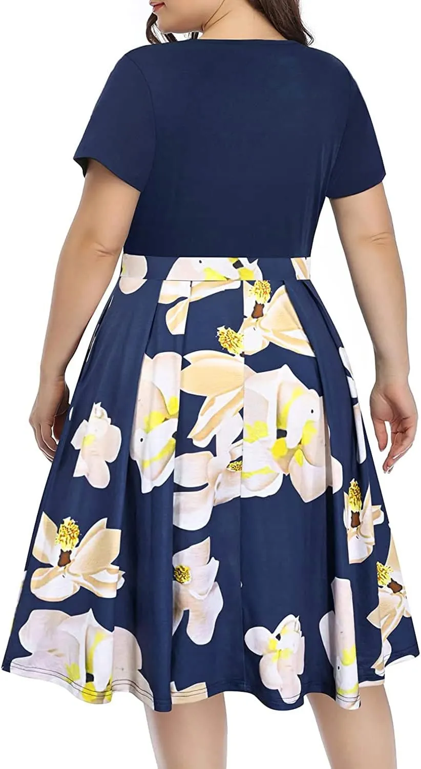 Pinup Fashion Plus Size Work Dress-Church Business Casual Short Sleeve A-Line Dress with Pockets