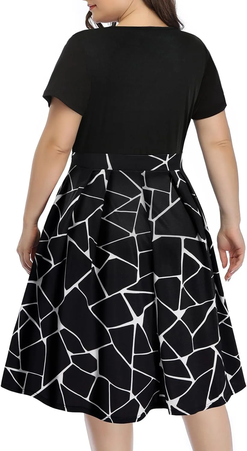 Pinup Fashion Plus Size Work Dress-Church Business Casual Short Sleeve A-Line Dress with Pockets