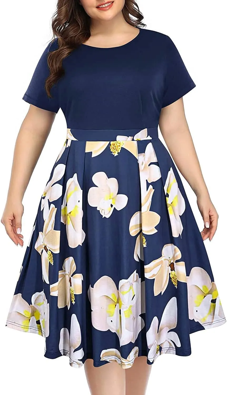 Pinup Fashion Plus Size Work Dress-Church Business Casual Short Sleeve A-Line Dress with Pockets