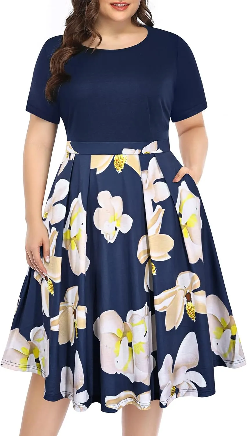 Pinup Fashion Plus Size Work Dress-Church Business Casual Short Sleeve A-Line Dress with Pockets